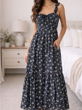 American Eagle Outfitters Navy Floral Maxi Dress with Ruffle Straps